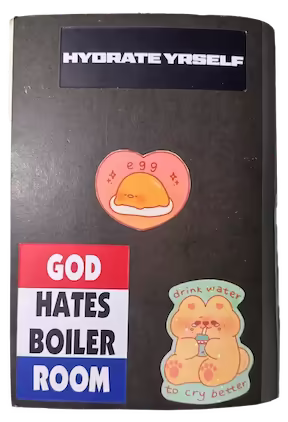 Back of journaling book with four big stickers: 'Hydrate Yrself', 'God Hates Boiler Room', 'drink water to cry better' and a heart-shaped ‘egg’ with egg caricature as the yolk lying down.