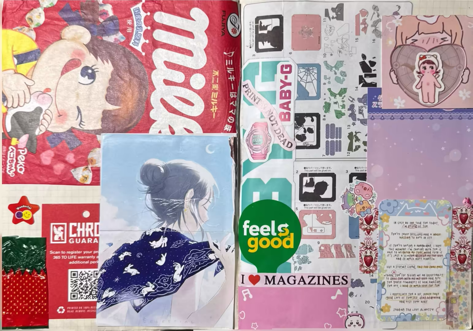 Left side is a packaging of the milk candy girl ‘Milk’, a ‘wonderful’ red star sticker, strawberry candy wrapper, Chrome Industries guarantee QR code (all red) and a blue postcard of an anime girl in a blue rabbit-themed batik scarf. The right side is heavily collaged with turquoise, blue, purple and pink. There is one pink Baby-G sticker, a pink watch and a pink ‘Print is not dead’ sticker on top of a big blue Baby-G sticker. The green ‘feels good’ subway sticker is also on top of the blue Baby-G sticker and stands out from the pastel colours. Under it is a pink ‘I heart magazines’ sticker with more pink cut out of a packaging and Chikawa's head next to it. To the right is a motivational business card with blue and yellow star washi tape layered on top of red strawberries surrounded by ribbons. The top right is an illustration of a girl holding a clear heart with a Sony Angel baby wearing a Hello Kitty hat in the middle. All of these elements are layered in front of a paper theatre instructions paper.