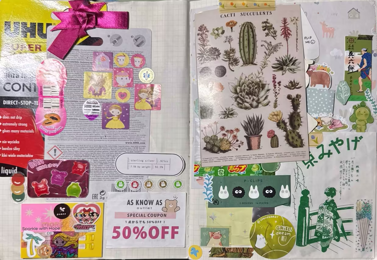 The left side is a hot pink and yellow spread with UHU superglue, packaging cardboard and a hot pink fabric ribbon tied and glued around the hook hole. Pasted on top are Beauty and the Beast stickers, 2 papaya stickers, cutout packaging of Disney-themed gummies, a row of Studio Ghibli official stickers (small circle with Totoro in the middle), a 50% coupon, a mermaid sticker, clownfish and Powerpuff Girls stickers. On the right is a green-themed spread with a ‘cacti succulents’ postcard and green collage from packaging. Notably more Studio Ghibli caricatures of the Totoro and scoot sprite. There are also green coloured washi tapes to fix elements, smiski, a cat openning its mouth and a bear.