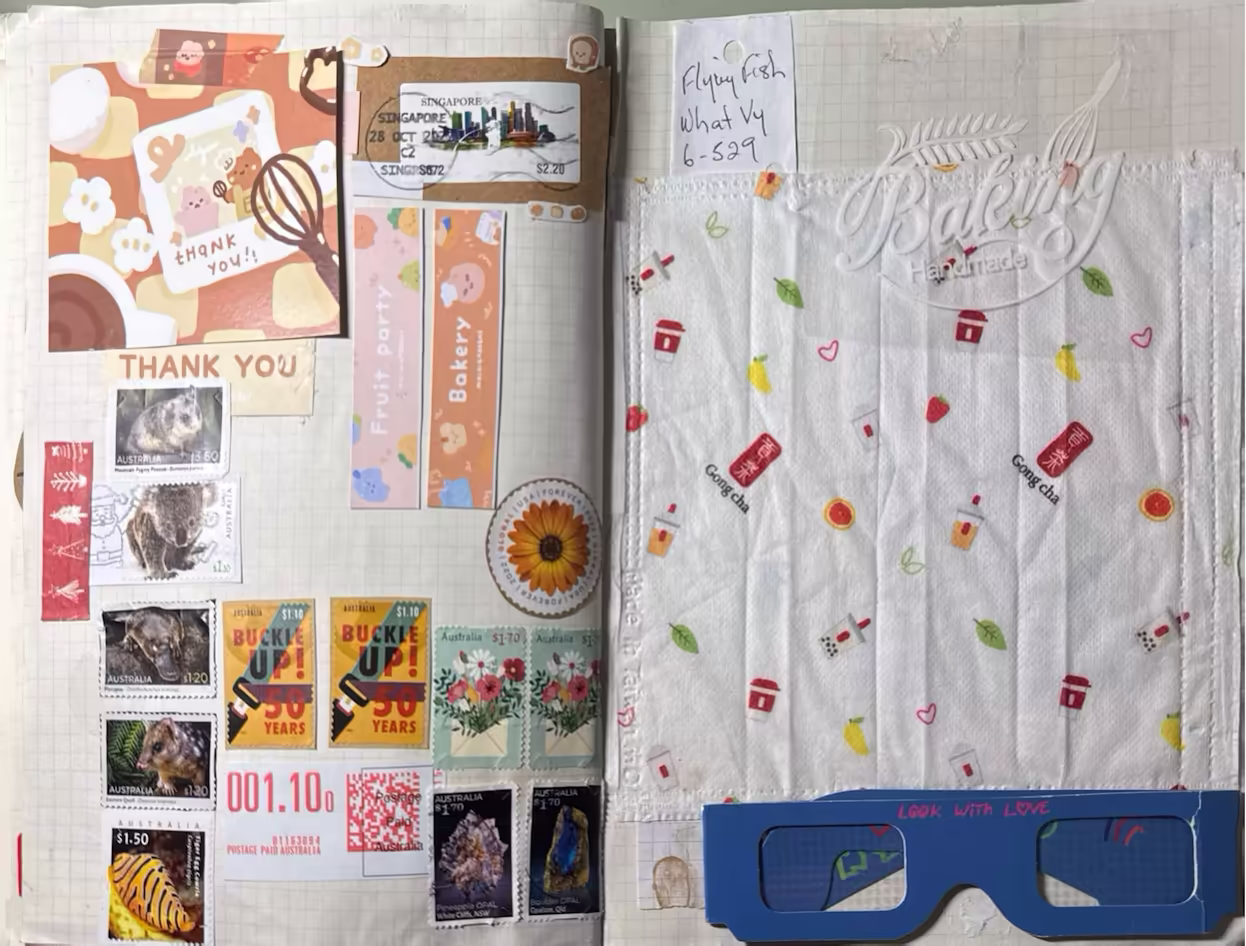 The left side has stamps mostly from Australia: Australian animals (mountain pygmy possum, koala, platypus, eastern quoll and tiger egg cowrie), opals (pineapple opal and boulder opal) and collection stamps (buckle up 50 years and flower in envelope); along with two international stamps: Singapore and USA. The right side is a work-themed page with a Gong Cha mask, employer locker number, and Coldplay's sulavenger (blue paper glasses).