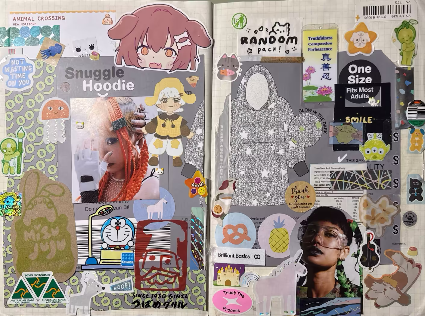 Spread with the 'Snuggle Hoodie' packaging as the centre. The packaging and colour are mostly grey and green, collaged with stickers, washy tapes, decorative paper stickers, and packaging stickers.