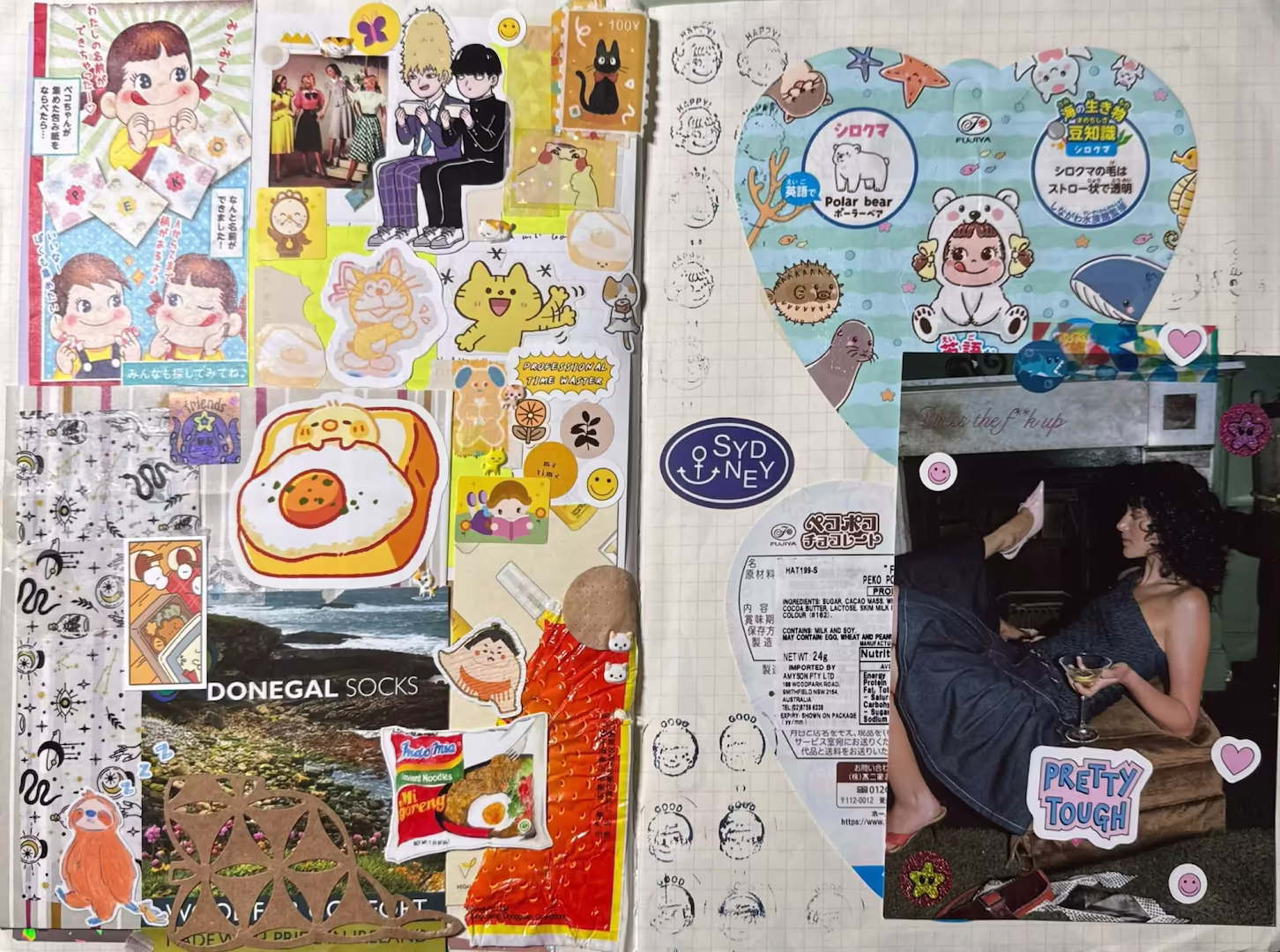 The left side is a yellow and brown-themed colour spread with yellow posted notes and stickers. Notably, there is the milk candy girl packaging, orange candy packaging, Donegal socks packaging (with the beach imagery), caricature stickers (cats, a sloth, a sumo wearing orange, a yellow chick lying on bread with egg as a blanket, Mob Psycho 100 and small reward stickers). The right side is a simple spread with the candy girl packaging dressed as a polar bear. There are light stamps from the candy sticks from the front page of the candy girl and boy faces, a blue Sydney sticker, a postcard of a girl in a denim dress posing, small pink hearts and smiling faces around her and a 'Pretty Tough' sticker. 