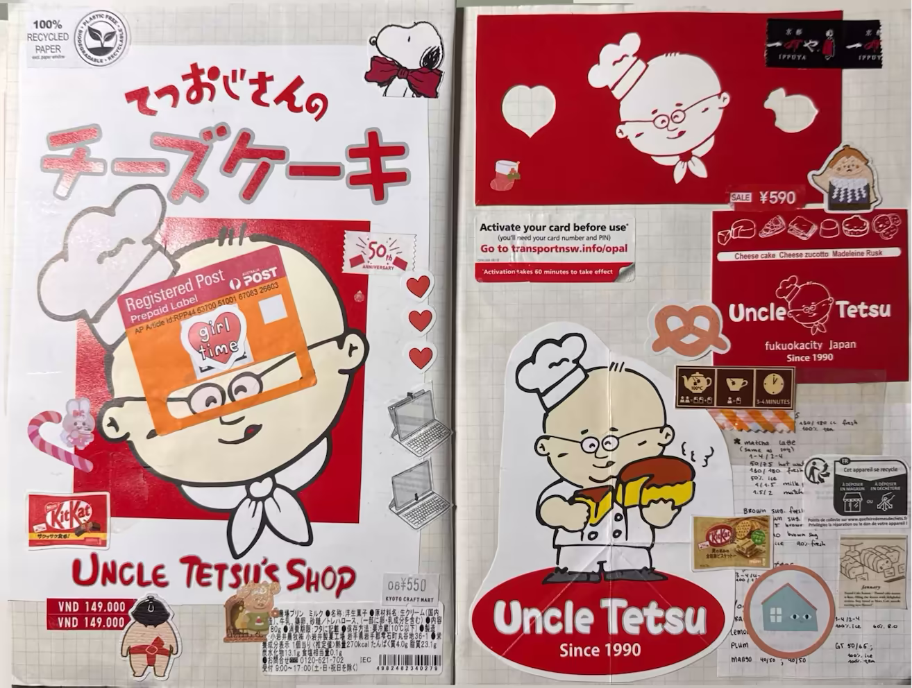 Uncle Tetsu (bakery)spread caricature is a bald smiling guy with glasses, chef hat and white scarf. There are also small cut-outs of Kit Kat packaging, sumos and red-coloured hearts.