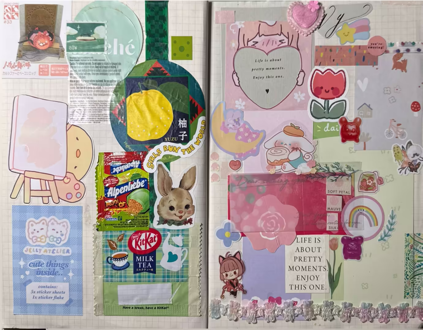 The left side has food packaging (Yuzu tea label, Guava and chilli salt candy and milk tea Kit Kat) pasted with the colours mostly green and blue. The right side is cute, floral, with the colour palette of grey, pink and green. There are collaged product packaging and small stickers of hearts, flowers and caricatures (Cardcapturer Sakura, Cinnamoroll  fanart and a pink bunny lying on the moon).