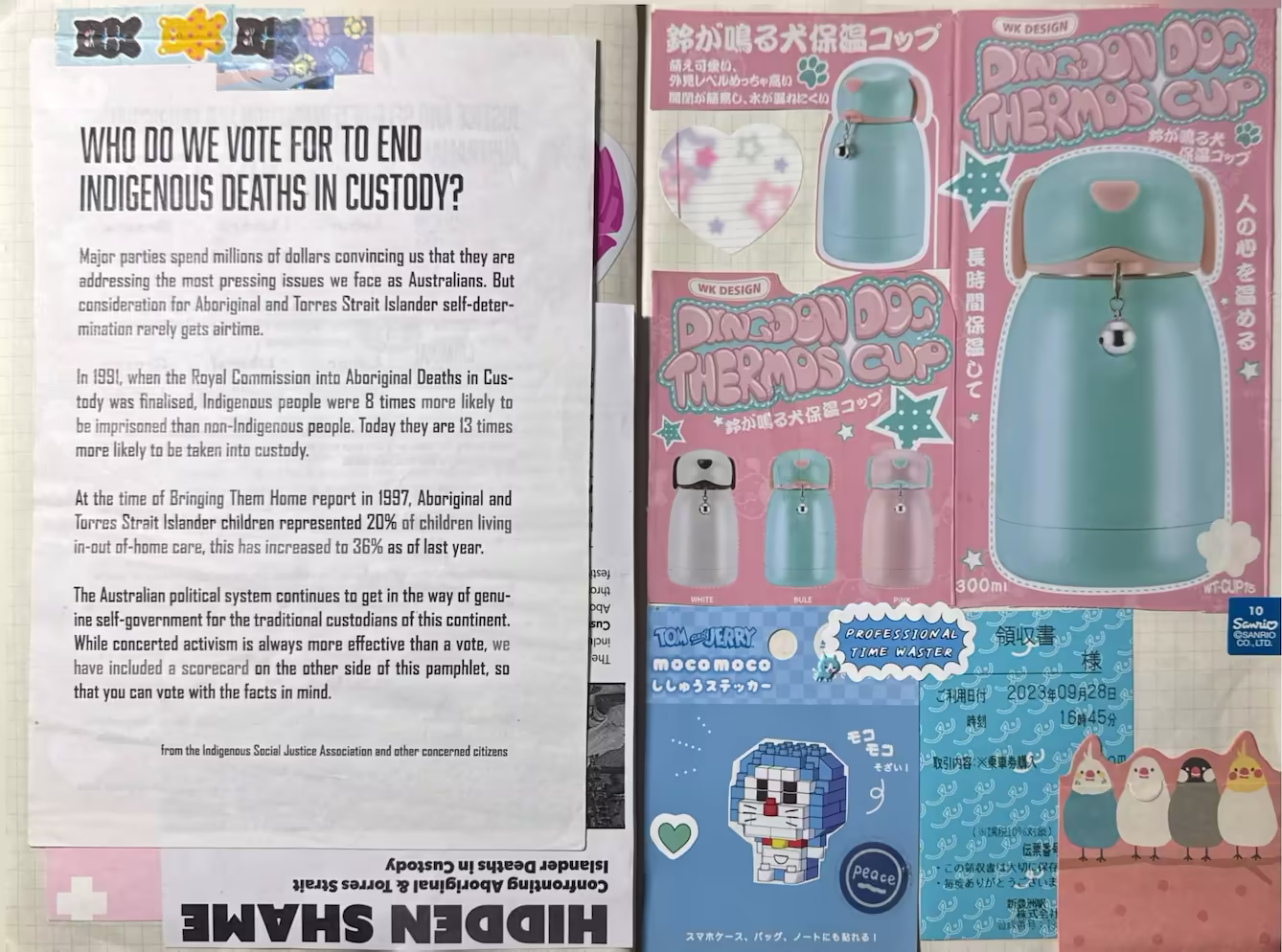 The colour of this spread is blue and pink. The left side is an information paper 'Who do we bote to end indigenous deaths in custody', and the right is a pink blue dog bottle, Doraemon, and birds.