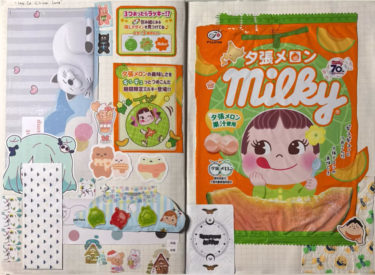 The right side is the milk candy girl wearing a honeydew hat. The left is the rest of the candy packaging of the girl inside a honeydew suit, Disney gummies and packaging of a cat lying down lamp. There are also small winter-themed stickers and a row of the same cat flag note on the side.