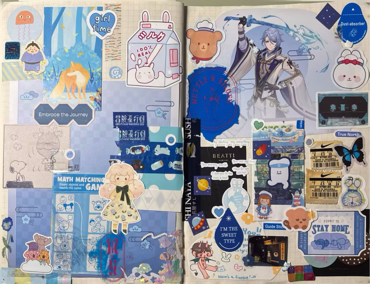 Blue spread collage with packaging materials, stickers and washi tapes. The caricatures seen are rabbits, Doraemon, Akyato from Genshin Impact, a sumo, a fox, pink hair girl wearing a blue flower dress, a sailor marshmallow, and a sailor girl.
