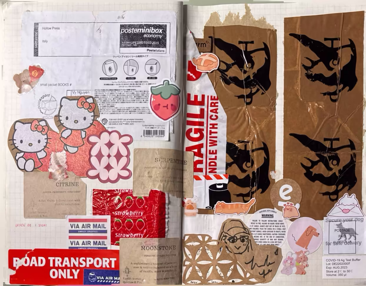 Spread with brown and red packaging tapes, brown candle paper stickers, label and cut out from Hello Kitty packaging.