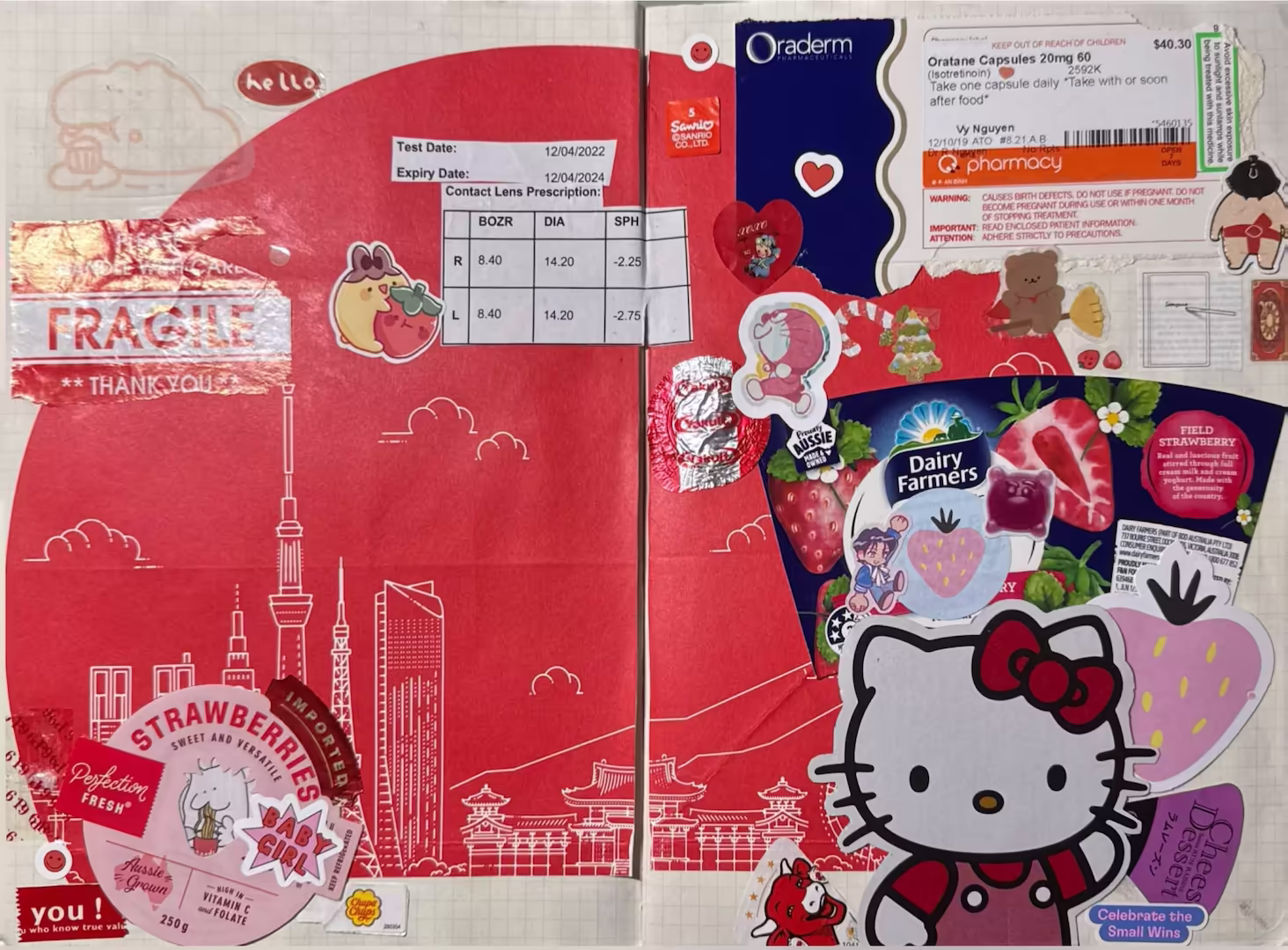 Hello Kitty spread with red, pink and blue themes. Decorated with strawberry box packaging, strawberry yoghurt, a prescribed ocatane box, small red food packaging tapes and stickers.