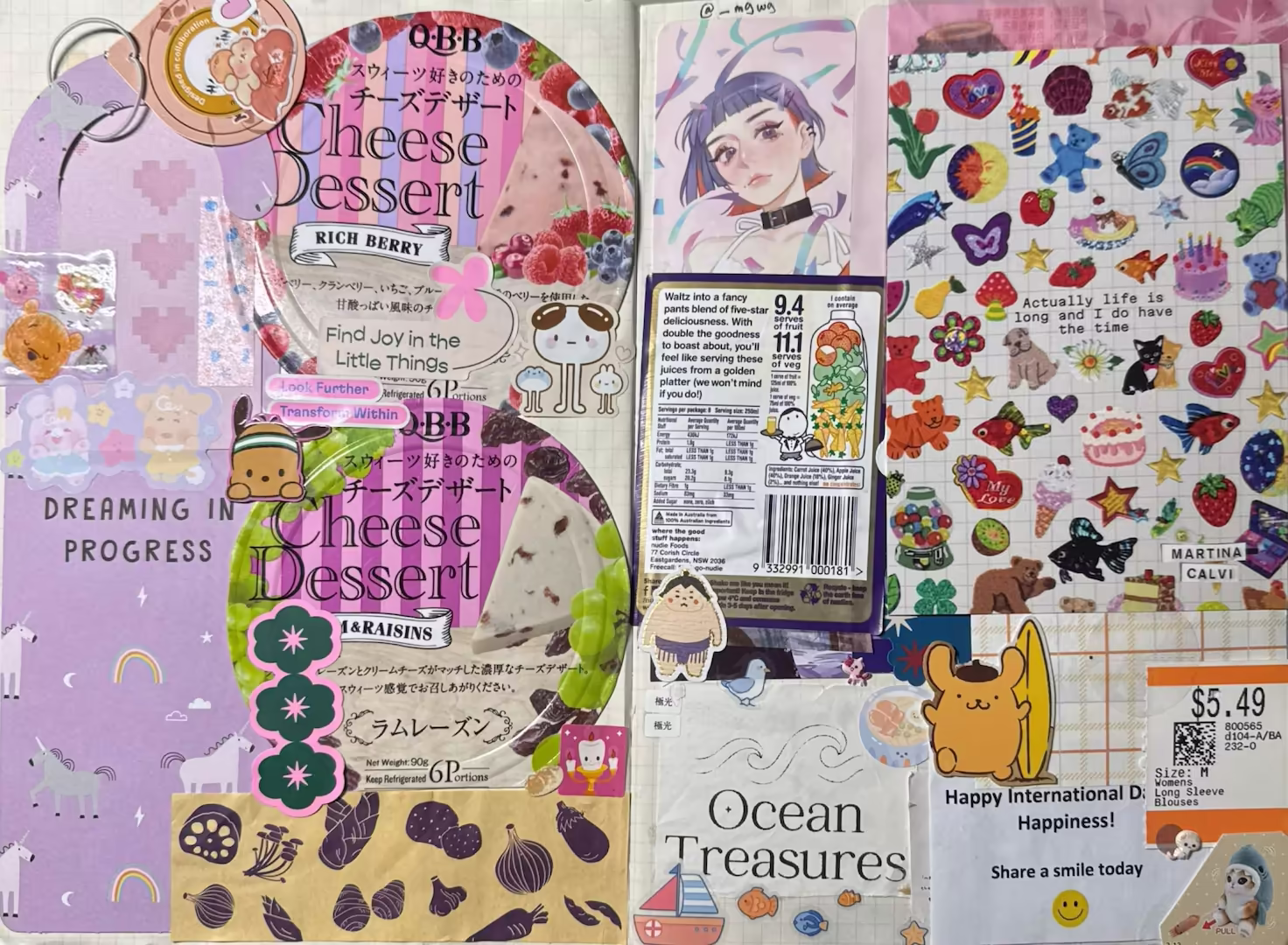 Purple-themed spread. On the left is a purple unicorn and a rainbow door tag 'Dreaming in process', two Japanese Cheese dessert packaging and food packaging with purple vegetables (orka, mushrooms, bamboo shoot, onions, potato , garlic, beans, carrot and eggplant) printed on brown paper. The right side has a purple artist business card, purple juice information label, 'ocean treasures' paper packaging sticker, boat and fish stickers, Pompompurin with a surfboard, ramen bowl, and paper that says 'Happy International Day Happiness! Share a smile today', Salvo price tag, and a postcard with trickets ‘actually life is long and I do have the time'.